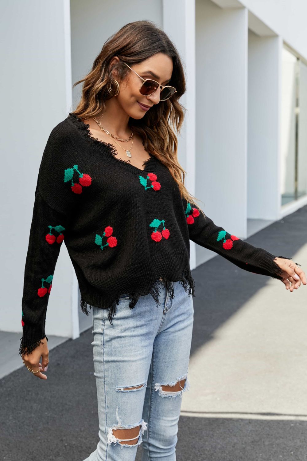 Cherry Pattern Frayed Trim V-Neck Sweater - Apparel & Accessories Girl Code