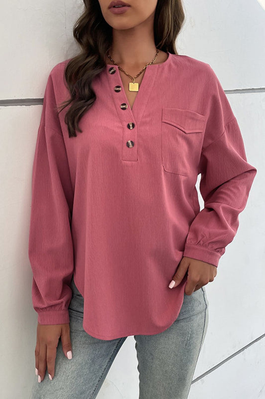 Half Button Pleated Detail Side Slit Blouse - Magenta / S Apparel & Accessories Wynter 4 All Seasons