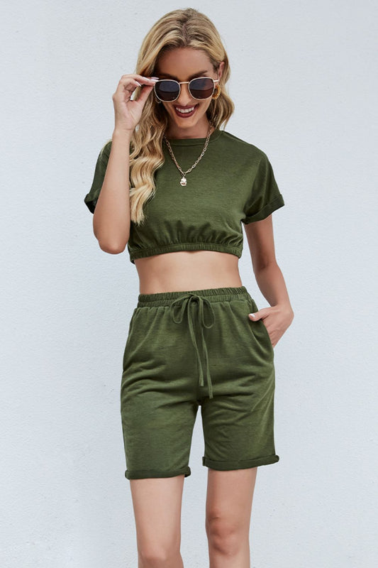 Cropped Tee and Drawstring Waist Shorts Set - Army Green / S Wynter 4 All Seasons