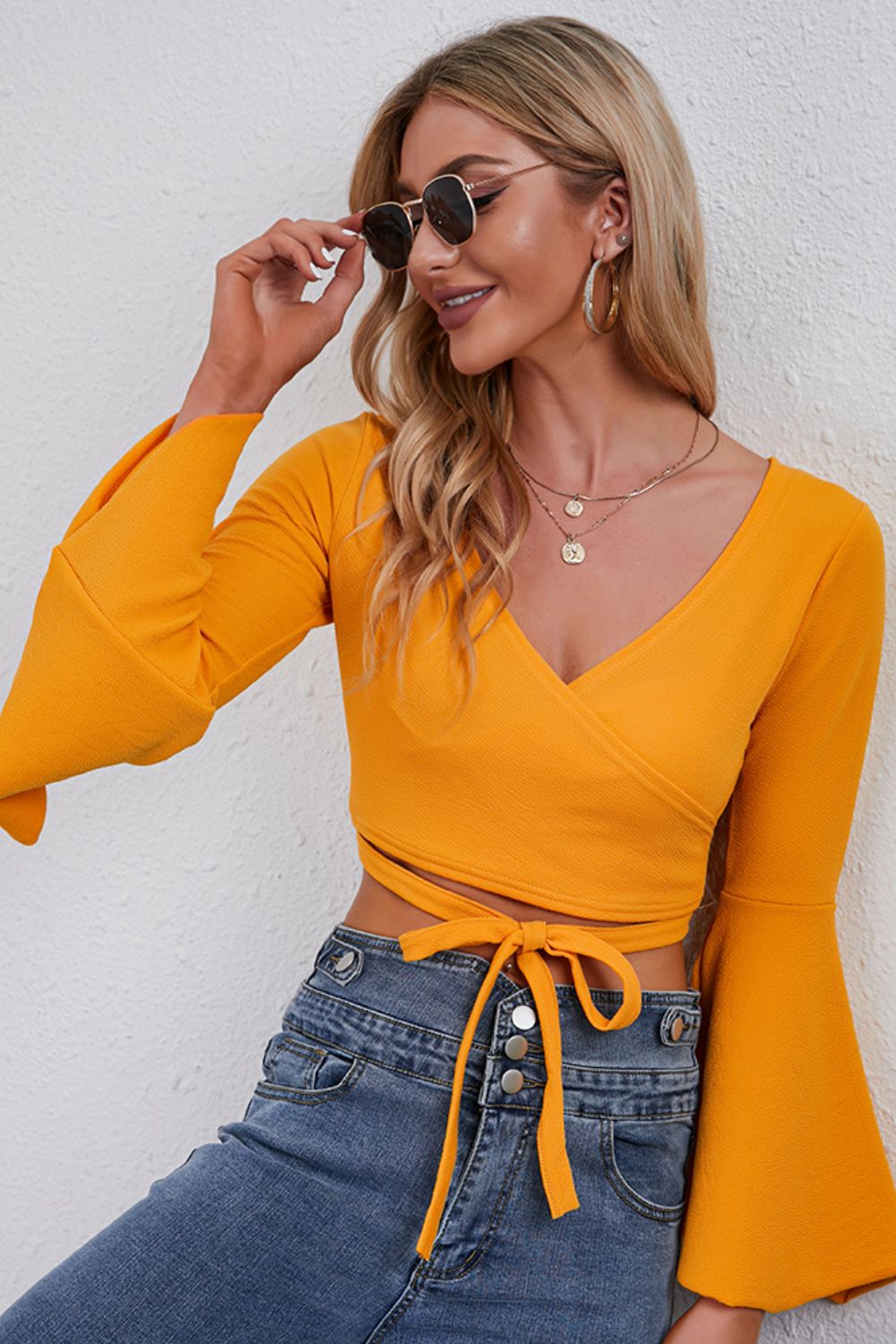 Tie Front Flare Sleeve Cropped Top Trendsi