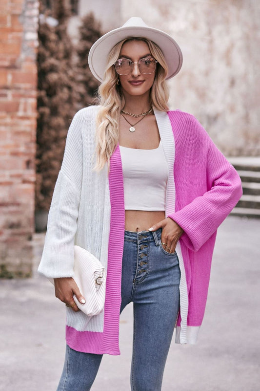 Contrast Open Front Dropped Shoulder Longline Cardigan - Hot Pink / S Wynter 4 All Seasons