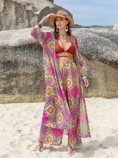 Printed Open Front Cardigan and Pants Set - Cerise / S Wynter 4 All Seasons