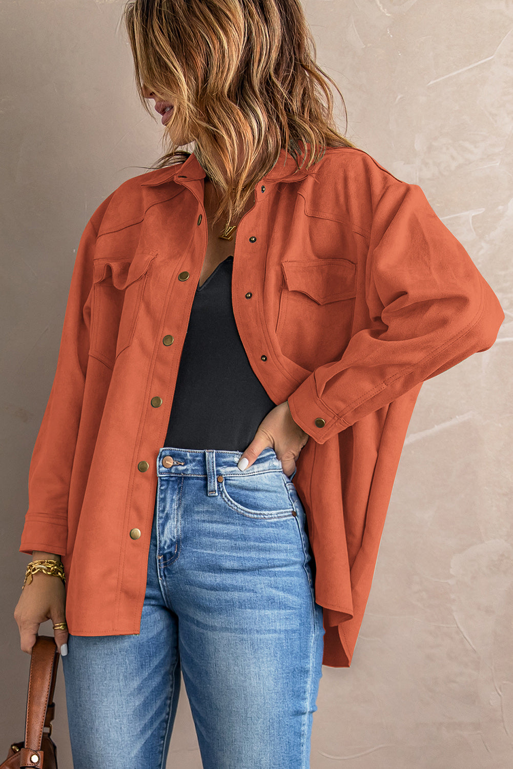 Suede Snap Front Dropped Shoulder Jacket - Orange / XL Apparel & Accessories Wynter 4 All Seasons