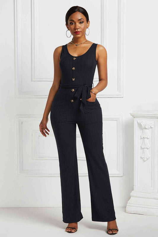 Button Detail Tie Waist Jumpsuit with Pockets - Black / S Apparel & Accessories Wynter 4 All Seasons