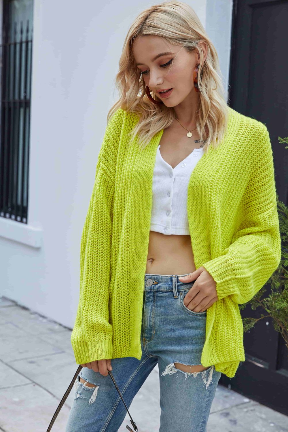 Rib-Knit Open Front Drop Shoulder Cardigan - Yellow / S Apparel & Accessories Wynter 4 All Seasons