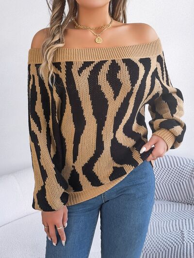 Off-Shoulder Animal Print Long Sleeve Sweater - Tan / S Wynter 4 All Seasons