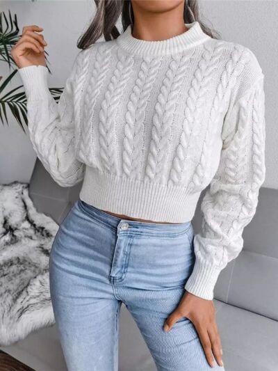 Cable-Knit Round Neck Cropped Sweater - White / S Wynter 4 All Seasons