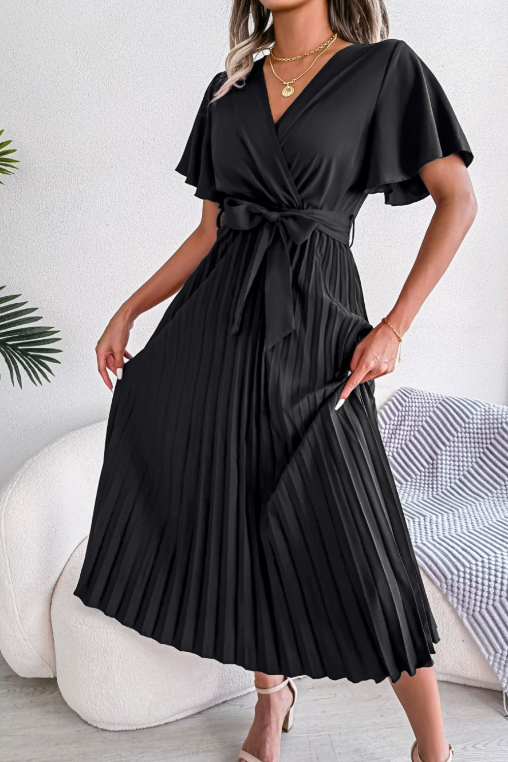 Pleated Flutter Sleeve Belted Dress - Black / S Apparel & Accessories Wynter 4 All Seasons