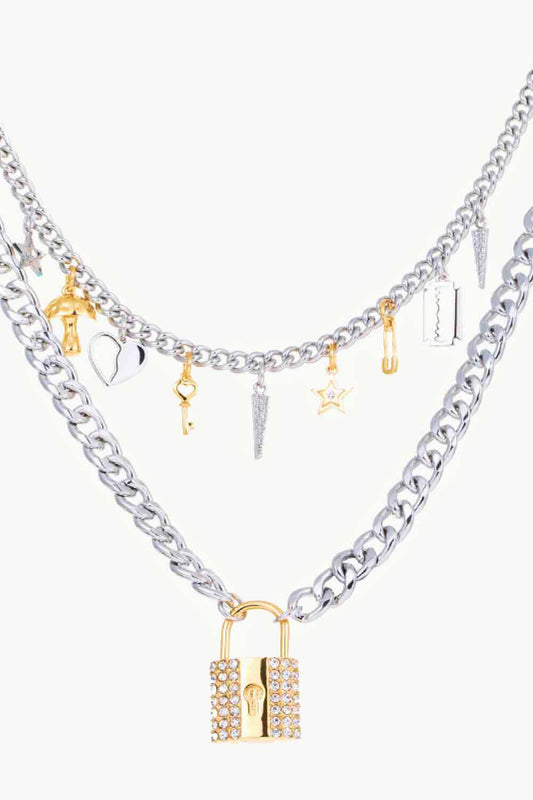Lock Pendant Double-Layered Necklace - Gold/Silver / One Size Apparel & Accessories Wynter 4 All Seasons
