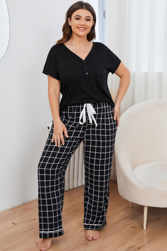 Plus Size V-Neck Top and Plaid Pants Lounge Set - Black / 1XL Apparel & Accessories Wynter 4 All Seasons