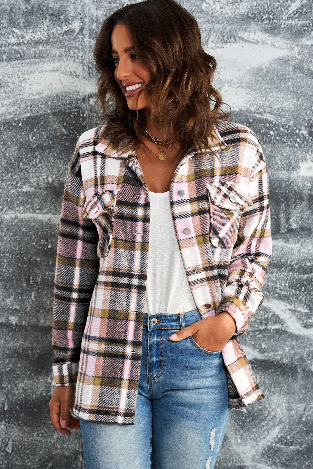 Plaid Button Front Shirt Jacket with Breast Pockets - Pink / S jackets Wynter 4 All Seasons