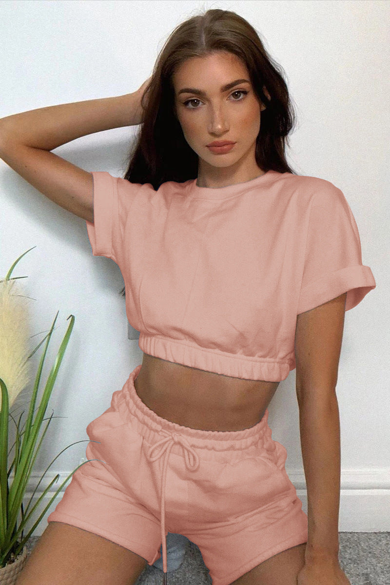 Short Sleeve Cropped Top and Drawstring Shorts Lounge Set - Blush Pink / S Wynter 4 All Seasons