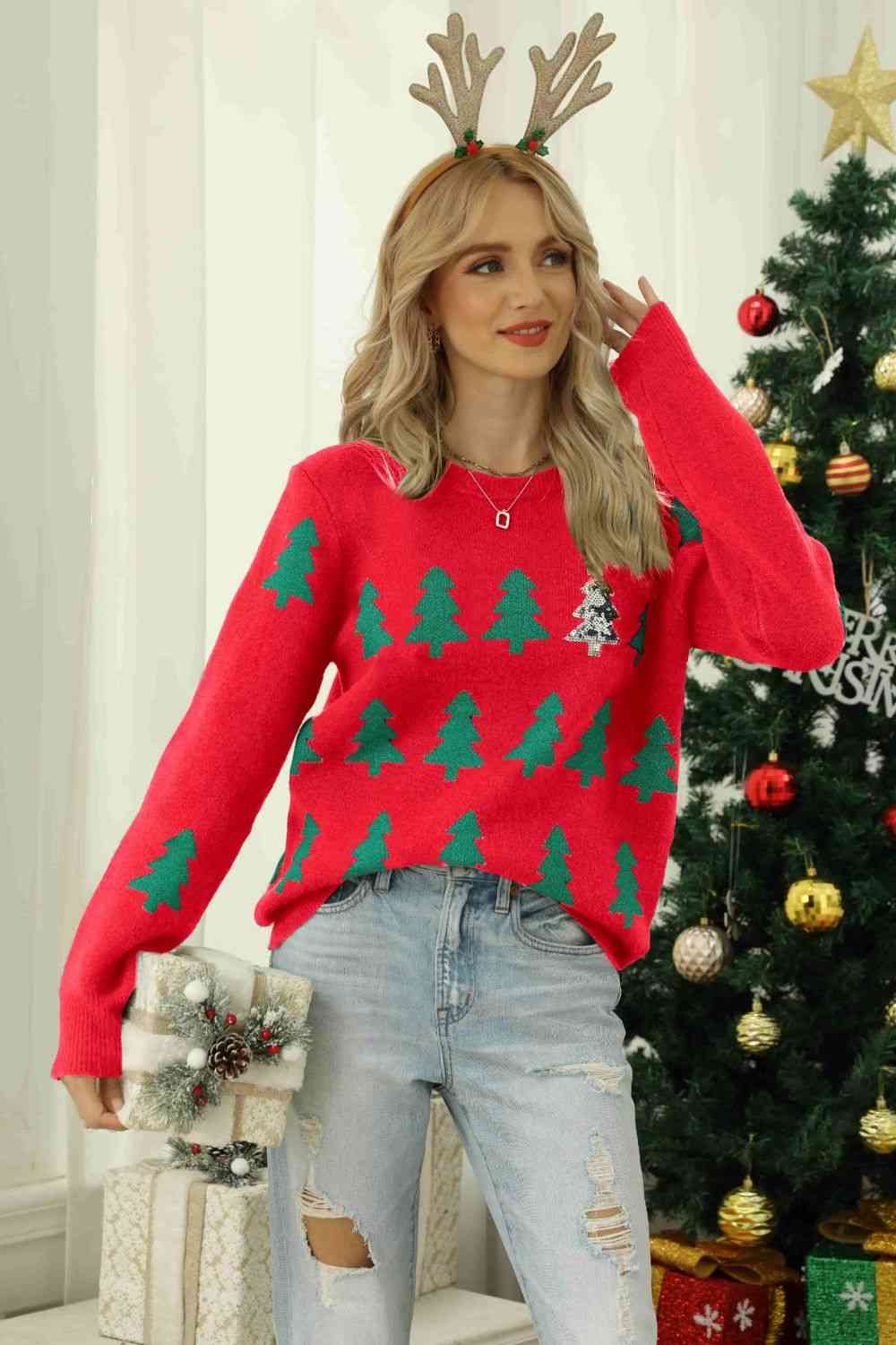 Christmas Tree Round Neck Ribbed Trim Sweater - Red / S Wynter 4 All Seasons
