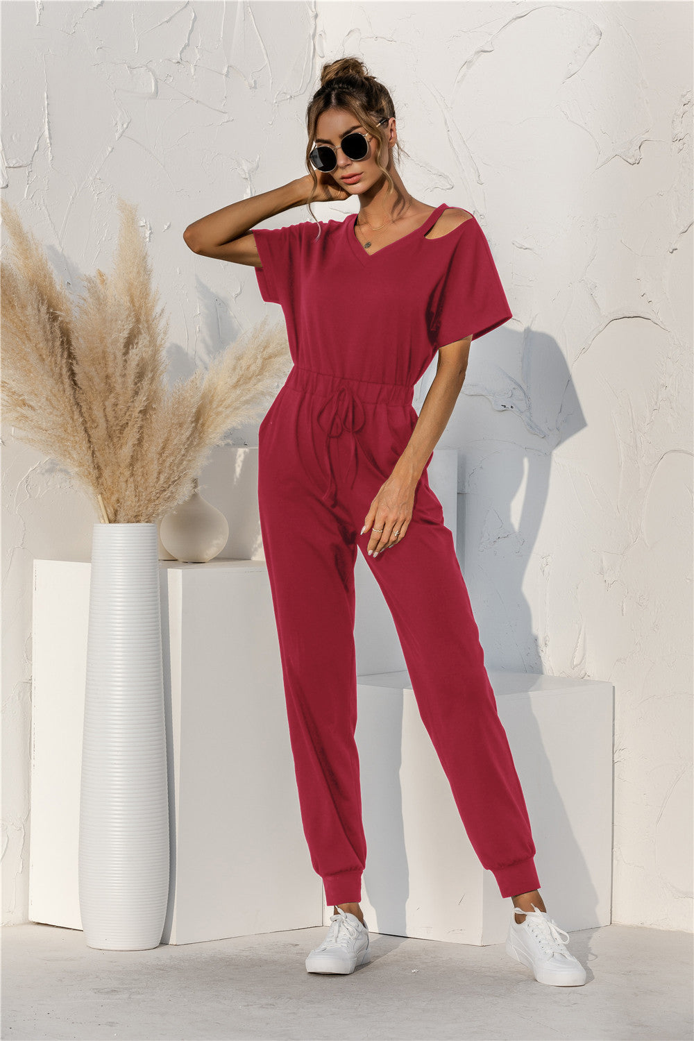 Cut Out V-neck Drawstring Jumpsuit - Red / S Apparel & Accessories Girl Code