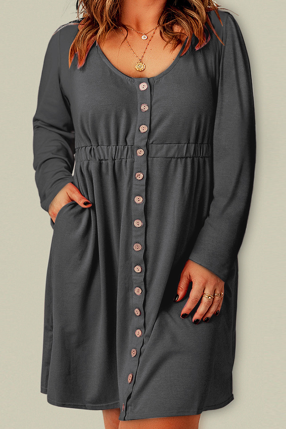 Button Front Elastic Waist Long Sleeve Dress - Gray / 1X Apparel & Accessories Girl Code