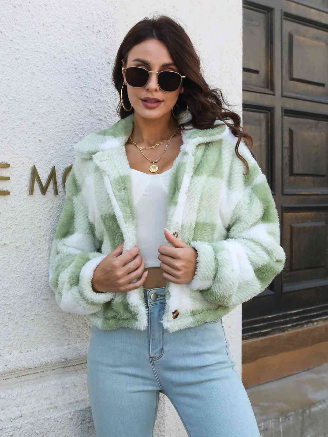 Plaid Dropped Shoulder Buttoned Jacket - Light Green / S Wynter 4 All Seasons