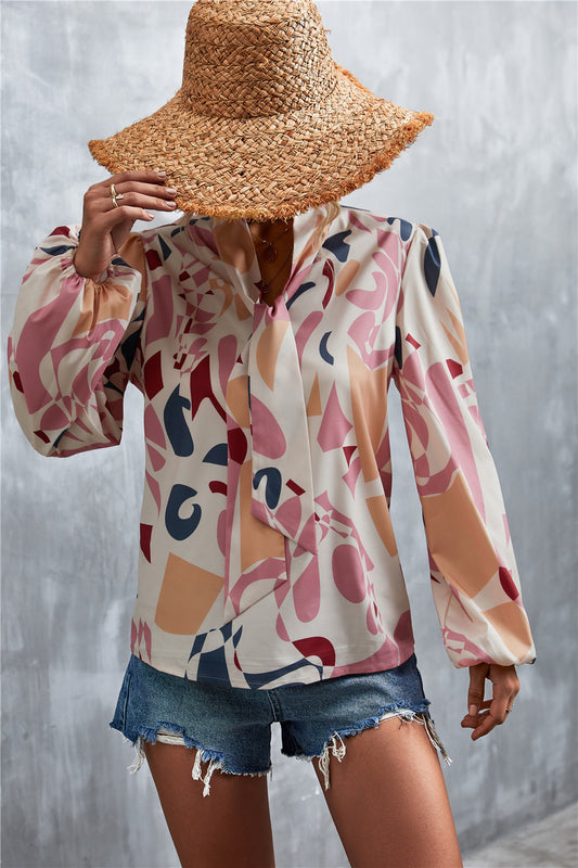 Printed Tie Neck Puff Sleeve Blouse - Pink / S Apparel & Accessories Wynter 4 All Seasons