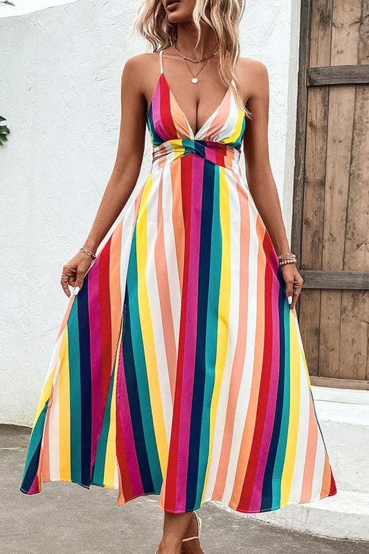 Multicolored Stripe Crisscross Backless Dress - Multicolor / XS Wynter 4 All Seasons