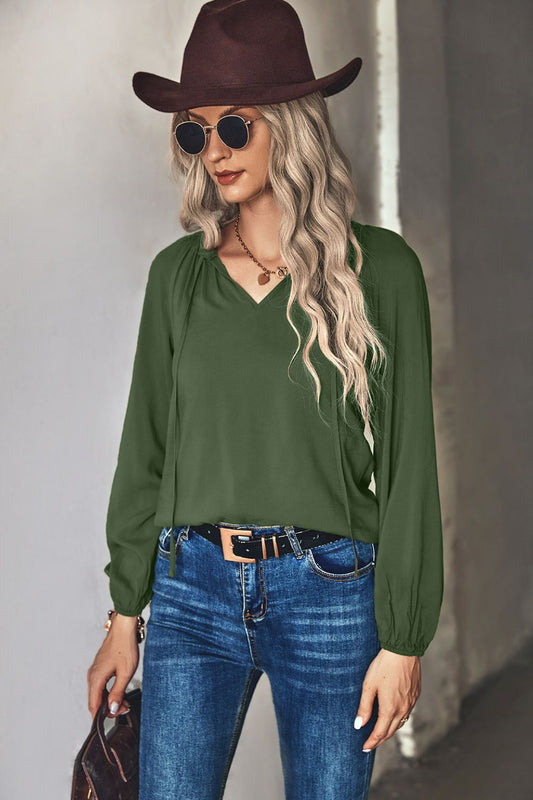 Gathered Detail Tie-Neck Blouse - Green / S Apparel & Accessories Wynter 4 All Seasons
