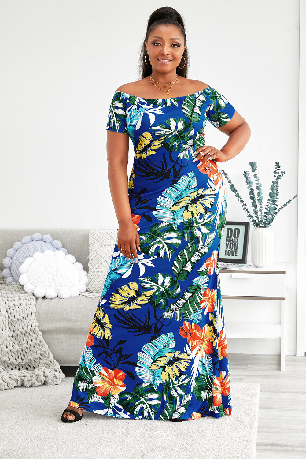 Plus Size Floral Off-Shoulder Short Sleeve Fishtail Dress - Leaf / 1X Apparel & Accessories Wynter 4 All Seasons