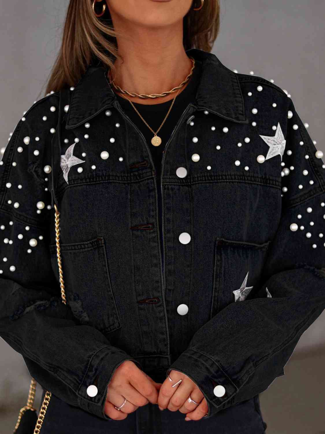 Pearl Trim Button Up Denim Jacket with Pockets - Black / S Coats & Jackets Wynter 4 All Seasons
