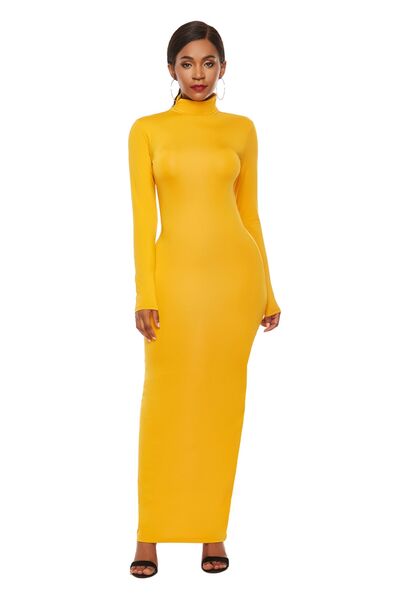 Mock Neck Long Sleeve Maxi Slim Dress - Mustard / S Wynter 4 All Seasons