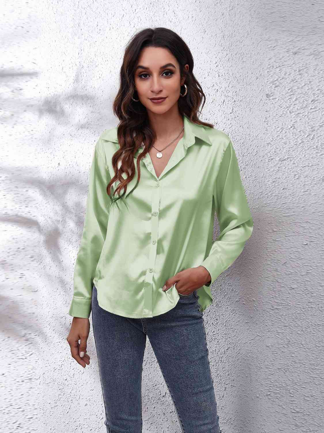 Collared Neck Buttoned Long Sleeve Shirt - Light Green / S Wynter 4 All Seasons