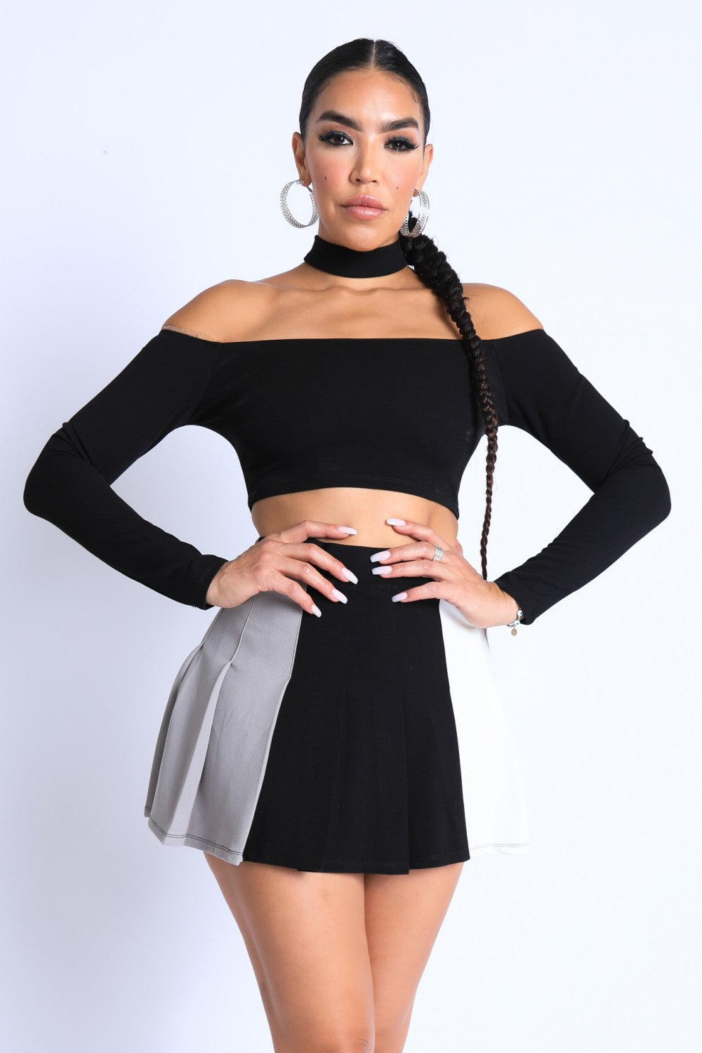 Choker Off-shoulder Top Set - Black Combo / S Skirt Set Girl Code