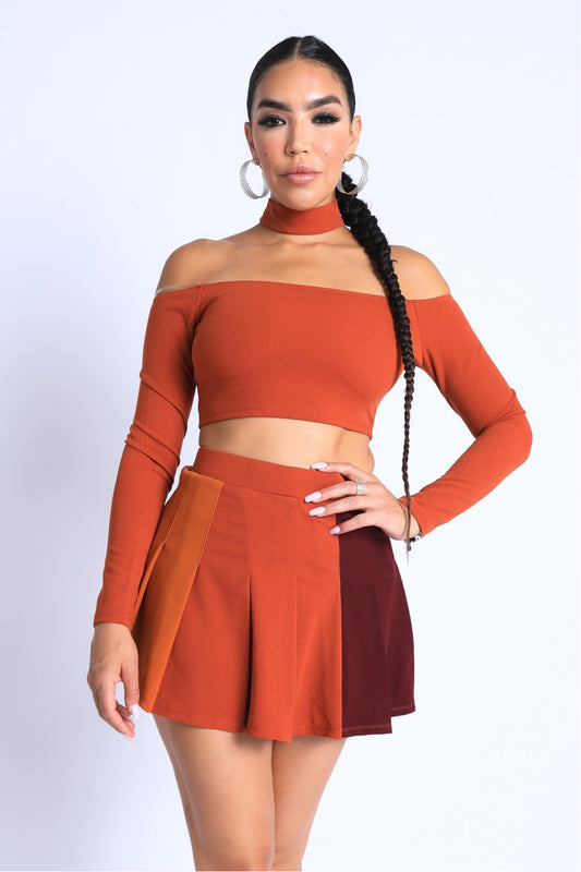 Choker Off-shoulder Top Set - Rust Combo / S Skirt Set Girl Code
