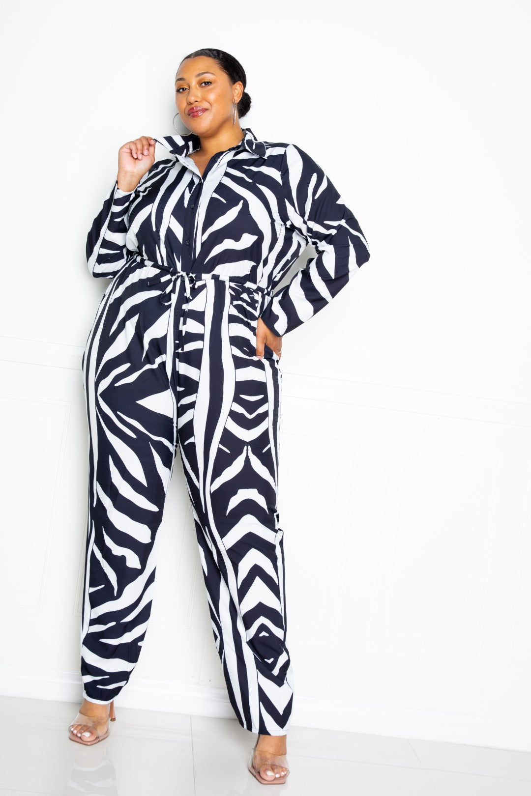 Button Up Long Sleeve Jumpsuit - Black/White / 1XL Clothing Wynter 4 All Seasons