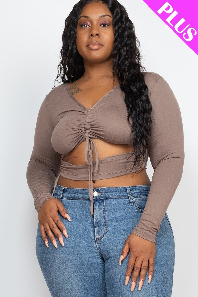 Plus Size Drawstring Ruched Cutout Crop Top - Taupe / 1XL Top Wynter 4 All Seasons