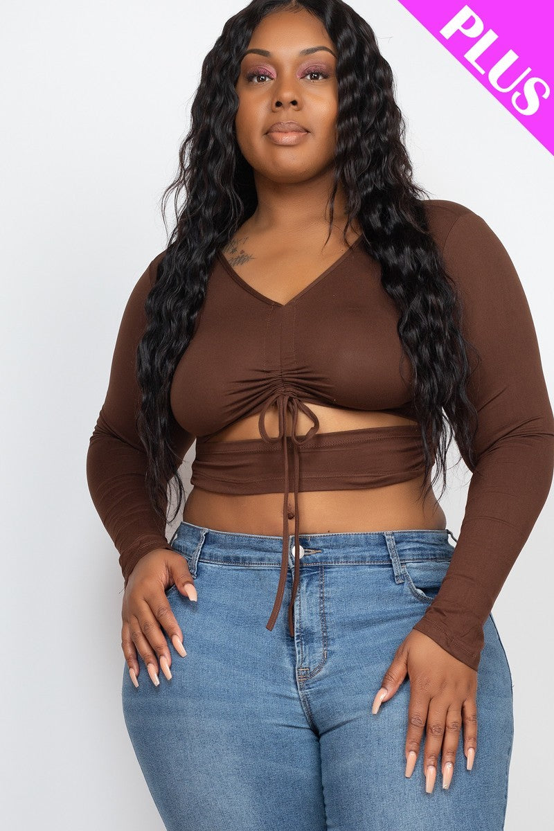 Plus Size Drawstring Ruched Cutout Crop Top - Coffee / 1XL Top Wynter 4 All Seasons