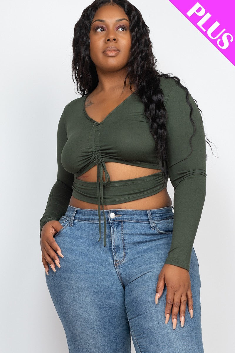 Plus Size Drawstring Ruched Cutout Crop Top - Olive / 1XL Top Wynter 4 All Seasons