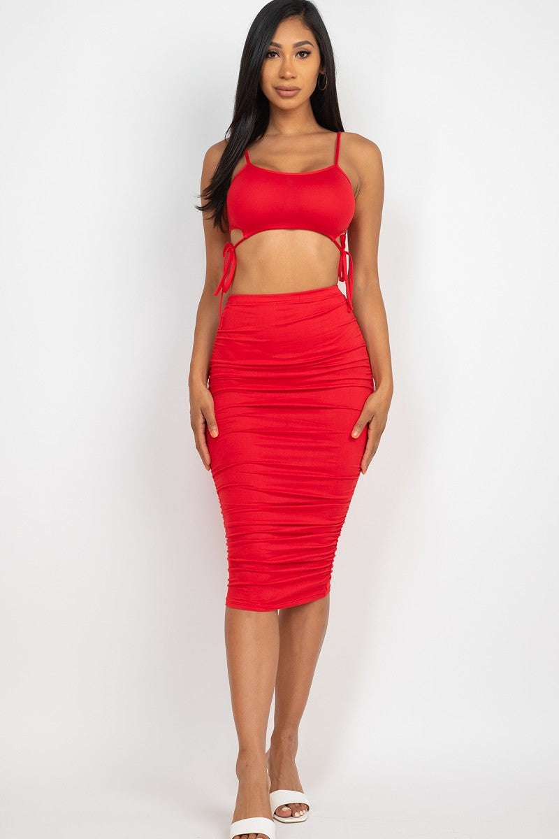 Cut-out Tie Side Crop Top & Ruched Midi Skirt Set - Red / S Outfit Sets Girl Code