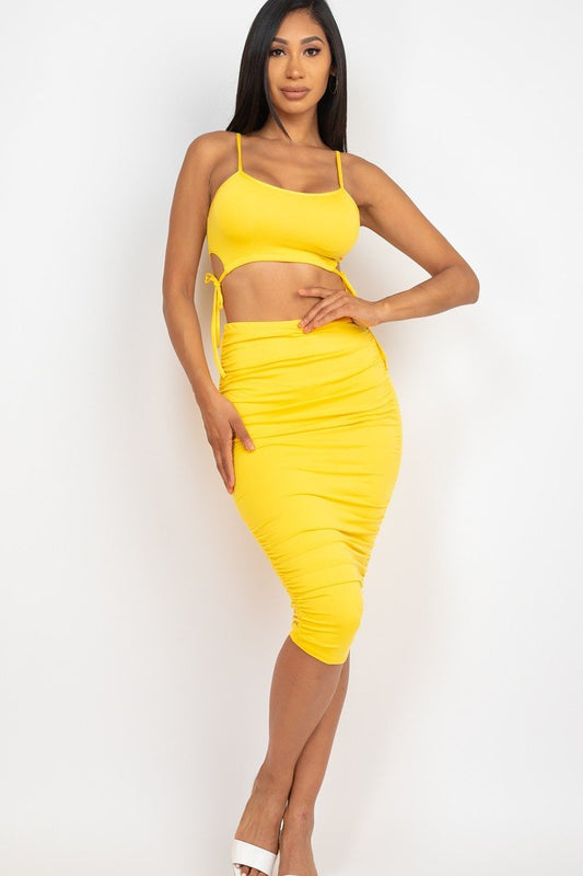 Cut-out Tie Side Crop Top & Ruched Midi Skirt Set - Yellow / S Outfit Sets Wynter 4 All Seasons
