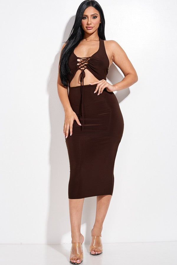Solid Halter Neck Midi Dress With Criss Cross Front And Cutout - S Dresses Wynter 4 All Seasons