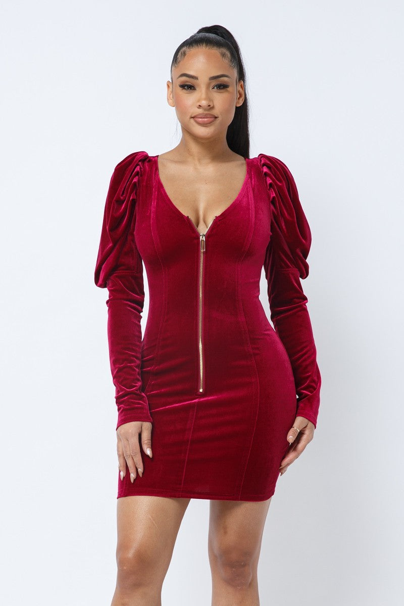 Soft Velvet Pleated Puff Sleeve Low V Neck Front And Back Mini Dress - Red / S Dress Wynter 4 All Seasons