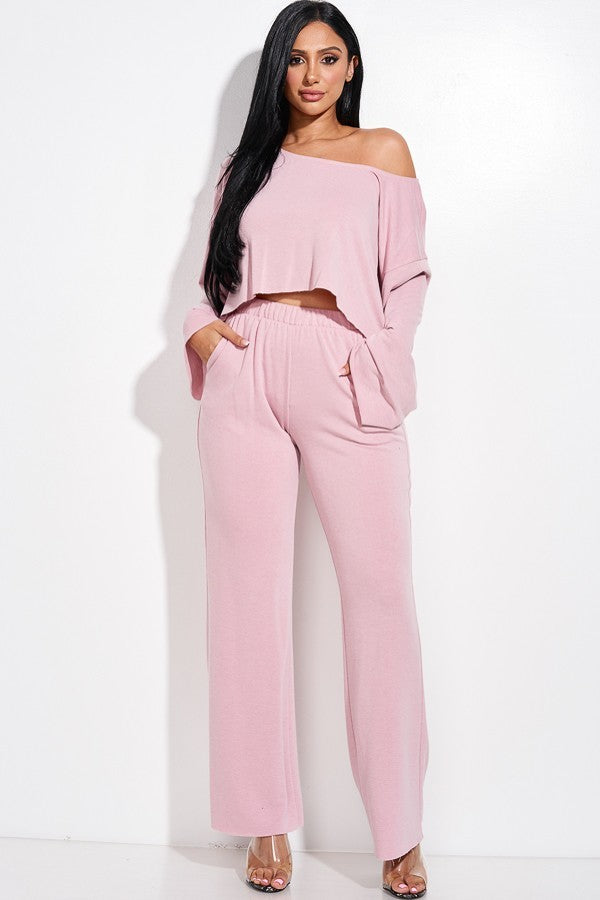 Solid French Terry Long Slouchy Long Sleeve Top And Pants With Pockets Two Piece Set - Mauve / S Apparel & Accessories Wynter 4 All Seasons