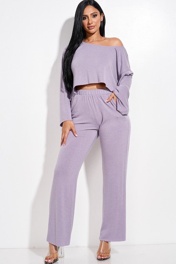 Solid French Terry Long Slouchy Long Sleeve Top And Pants With Pockets Two Piece Set - Purple / S Apparel & Accessories Wynter 4 All Seasons