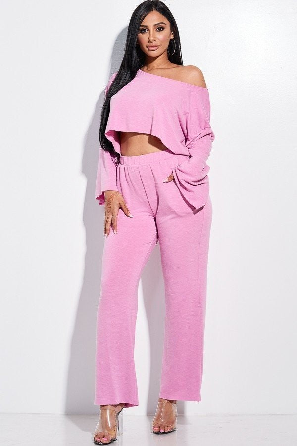 Solid French Terry Long Slouchy Long Sleeve Top And Pants With Pockets Two Piece Set - Pink / S Apparel & Accessories Wynter 4 All Seasons