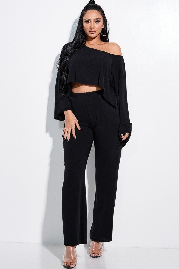 Solid French Terry Long Slouchy Long Sleeve Top And Pants With Pockets Two Piece Set - Black / S Apparel & Accessories Wynter 4 All Seasons