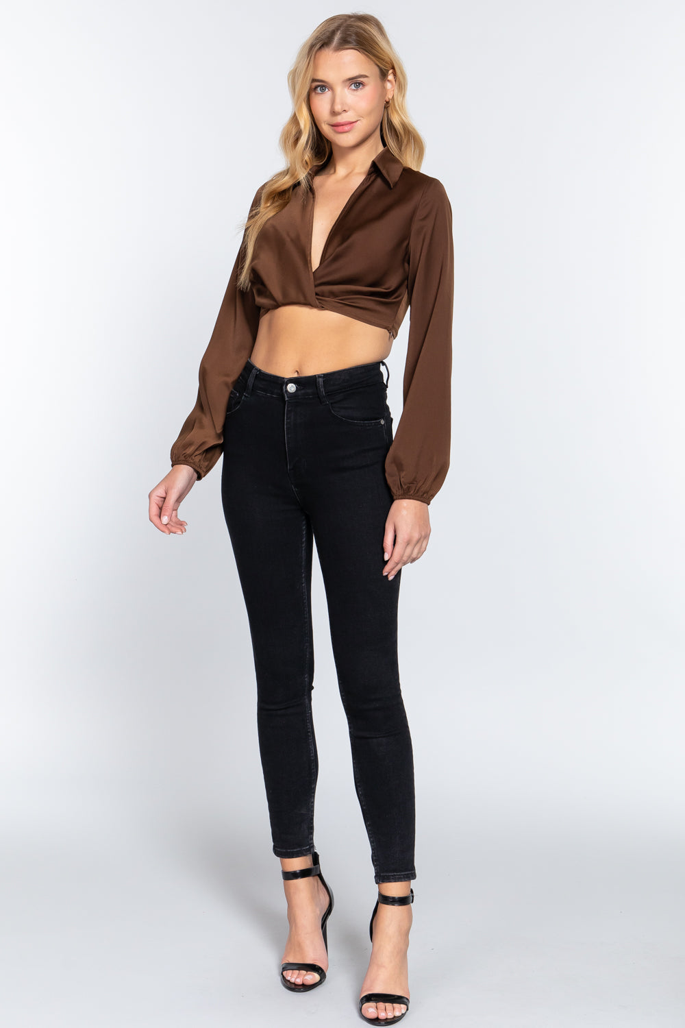 Long Sleeve Notched Collar Front Twisted Detail Crop Woven Top Girl Code 