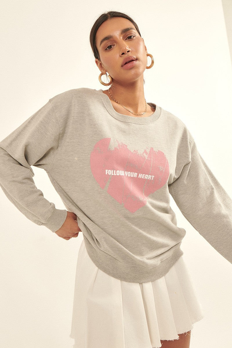 Vintage-style Heart Graphic Print French Terry Knit Sweatshirt Girl Code 