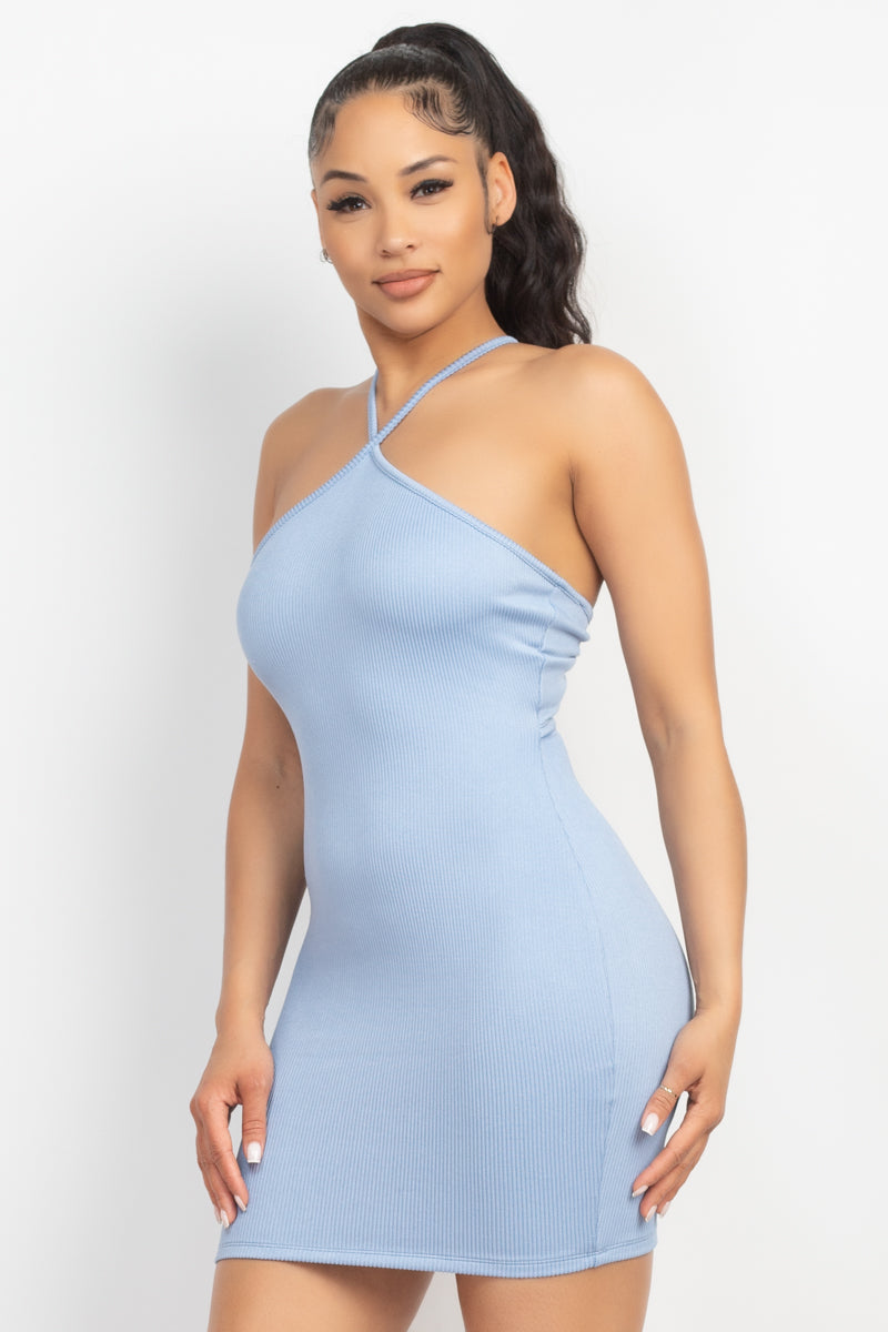 Halter Neck Ribbed Seamless Cut-out Dress - Dresses Girl Code