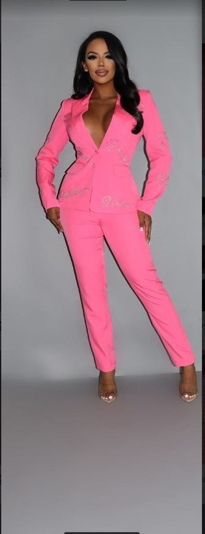 Powersuit Blazer & Pants Set With Rhinestone Letterings On Blazer - Pink / S Pants Set Wynter 4 All Seasons