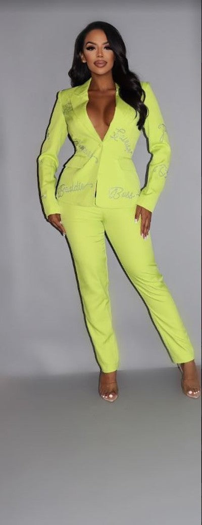 Powersuit Blazer & Pants Set With Rhinestone Letterings On Blazer - Lime / S Pants Set Wynter 4 All Seasons