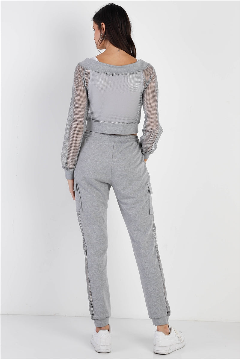 Heather Grey Contrast Fishnet Zip-up Top & Pants Set Girl Code 