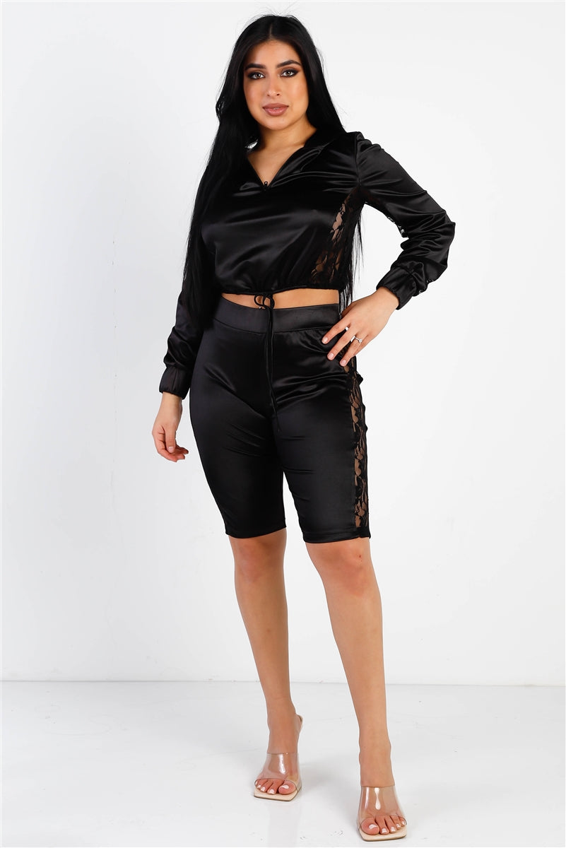 Black Satin Lace Details Long Sleeve Hooded Crop Top & Biker Short Set - Girl Code