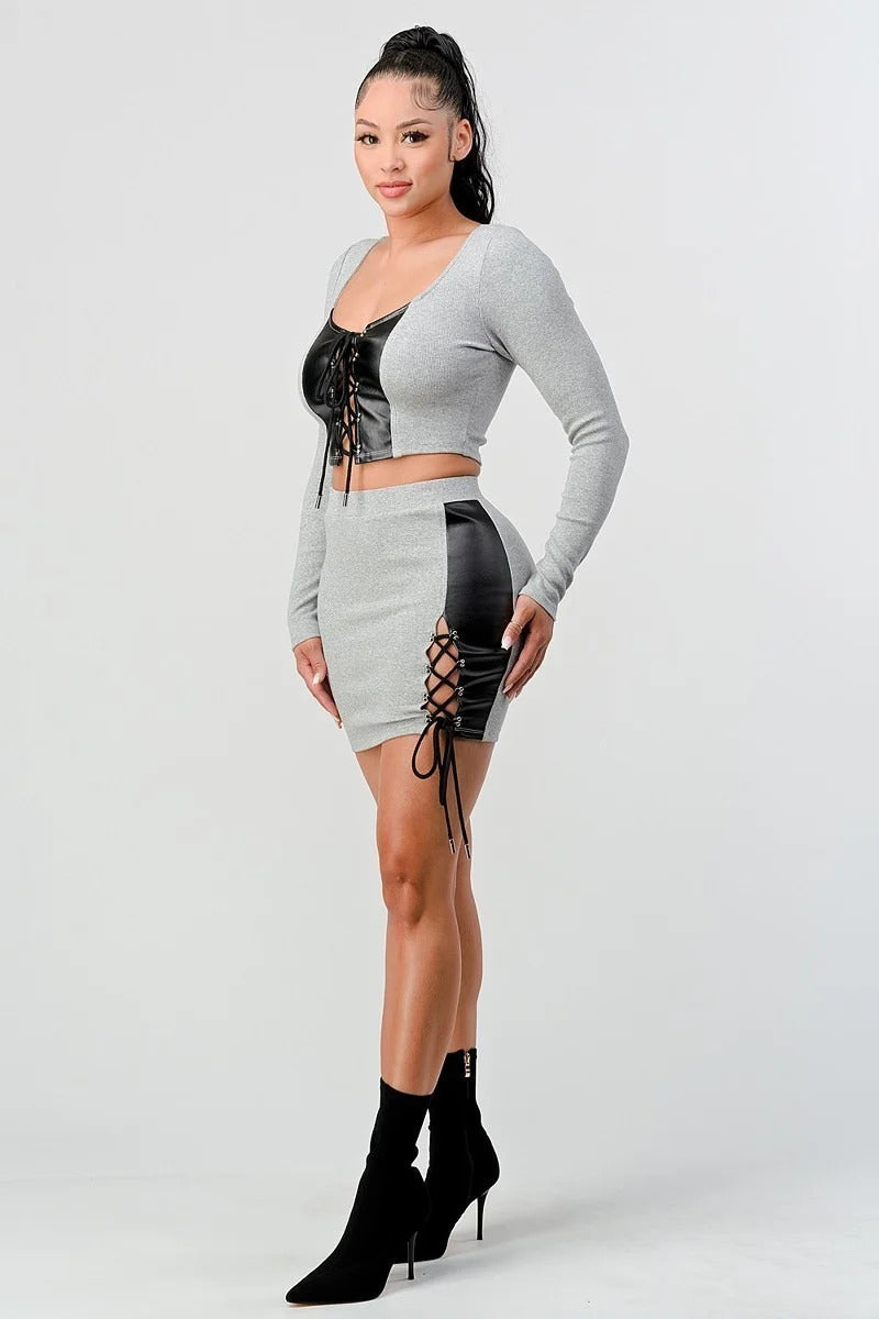 Cropped Long Sleeve Shirt With Pu Leather Detail Matching Mini Skirt Set - Skirt Set Girl Code
