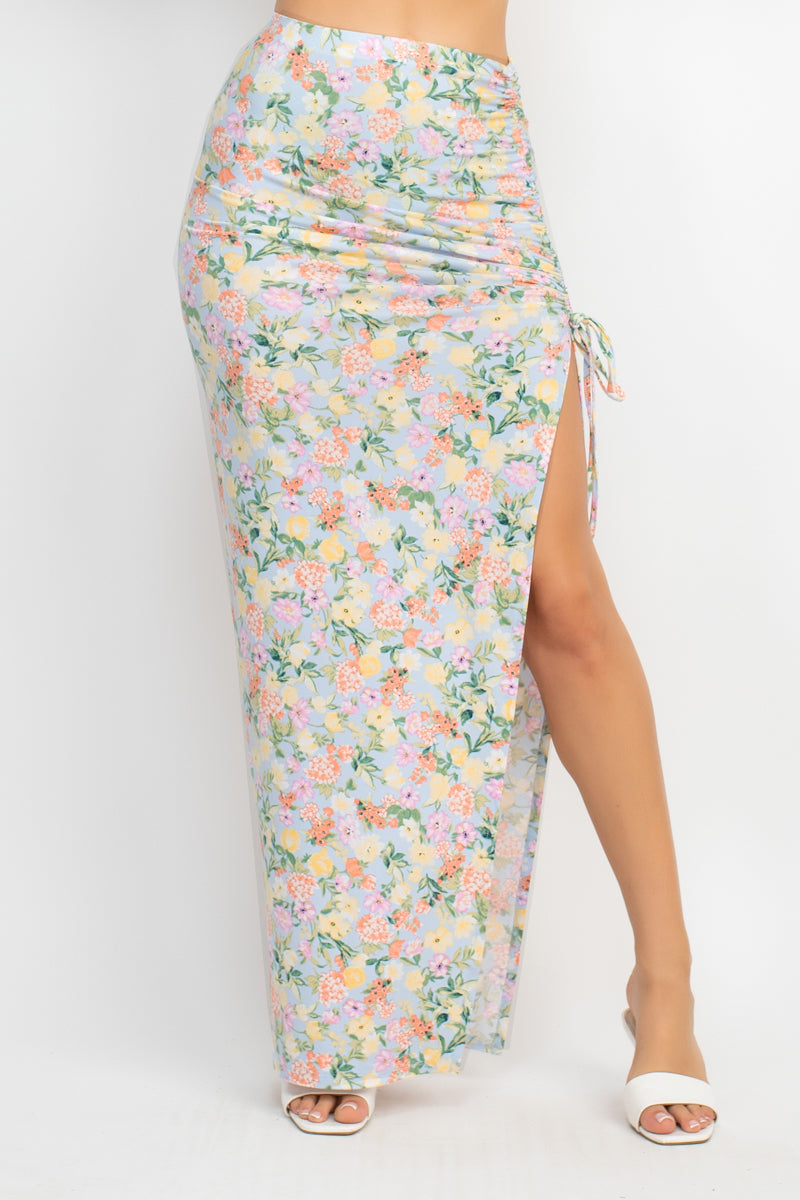 Front Knot Floral Top & Ruched Maxi Skirts Set Girl Code 